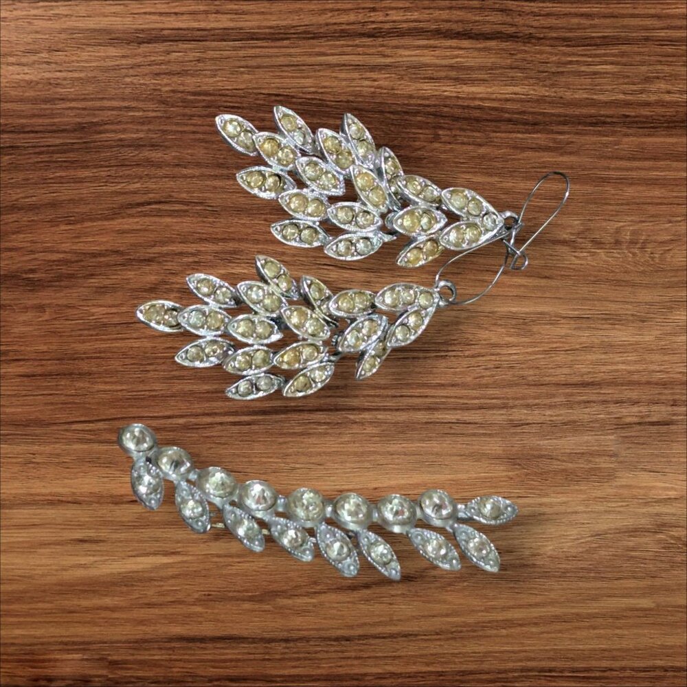 Rhinestone Silver Leaf Earrings & Matching Brooch Set  Bold Sparkly Style For Al